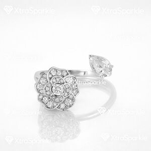 Silver Floral Ring Adjustable Camellia Ring Gift for Mom Gift for Her